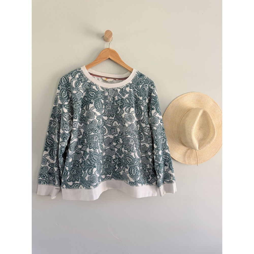 Boden | Paisley Print Crewneck Sweatshirt Teal White Cotton | Sz L